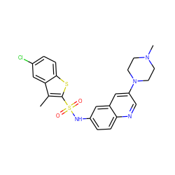 Cc1c(S(=O)(=O)Nc2ccc3ncc(N4CCN(C)CC4)cc3c2)sc2ccc(Cl)cc12 ZINC000013645859