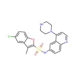 Cc1c(S(=O)(=O)Nc2ccc3nccc(N4CCNCC4)c3c2)oc2ccc(Cl)cc12 ZINC000026727573