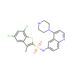 Cc1c(S(=O)(=O)Nc2ccc3nccc(N4CCNCC4)c3c2)sc2c(Cl)cc(Cl)cc12 ZINC000026716665