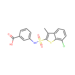 Cc1c(S(=O)(=O)Nc2cccc(C(=O)O)c2)sc2c(Cl)cccc12 ZINC000114593513