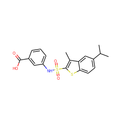 Cc1c(S(=O)(=O)Nc2cccc(C(=O)O)c2)sc2ccc(C(C)C)cc12 ZINC000114593835