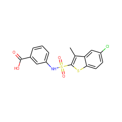 Cc1c(S(=O)(=O)Nc2cccc(C(=O)O)c2)sc2ccc(Cl)cc12 ZINC000114593735