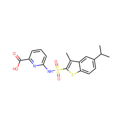 Cc1c(S(=O)(=O)Nc2cccc(C(=O)O)n2)sc2ccc(C(C)C)cc12 ZINC000114594620