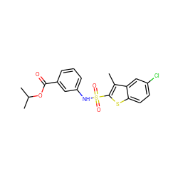 Cc1c(S(=O)(=O)Nc2cccc(C(=O)OC(C)C)c2)sc2ccc(Cl)cc12 ZINC000114593598