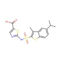 Cc1c(S(=O)(=O)Nc2ncc(C(=O)O)s2)sc2ccc(C(C)C)cc12 ZINC000114604903