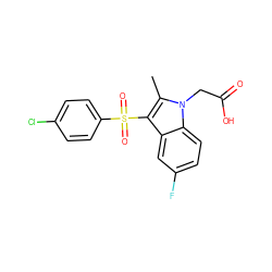 Cc1c(S(=O)(=O)c2ccc(Cl)cc2)c2cc(F)ccc2n1CC(=O)O ZINC000038795491