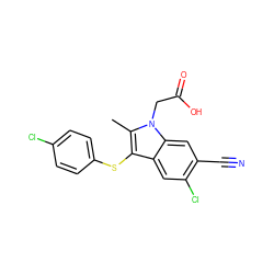 Cc1c(Sc2ccc(Cl)cc2)c2cc(Cl)c(C#N)cc2n1CC(=O)O ZINC000038426371