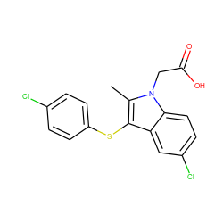 Cc1c(Sc2ccc(Cl)cc2)c2cc(Cl)ccc2n1CC(=O)O ZINC000038698319