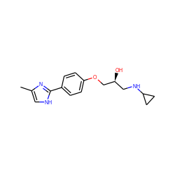 Cc1c[nH]c(-c2ccc(OC[C@@H](O)CNC3CC3)cc2)n1 ZINC000028015089