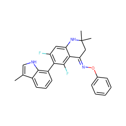 Cc1c[nH]c2c(-c3c(F)cc4c(c3F)/C(=N/Oc3ccccc3)CC(C)(C)N4)cccc12 ZINC000071330730