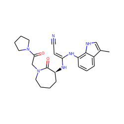 Cc1c[nH]c2c(N/C(=C\C#N)N[C@H]3CCCCN(CC(=O)N4CCCC4)C3=O)cccc12 ZINC000040863971