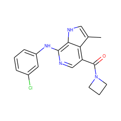 Cc1c[nH]c2c(Nc3cccc(Cl)c3)ncc(C(=O)N3CCC3)c12 ZINC000045245613