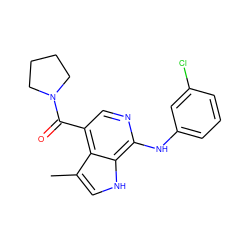 Cc1c[nH]c2c(Nc3cccc(Cl)c3)ncc(C(=O)N3CCCC3)c12 ZINC000045323806