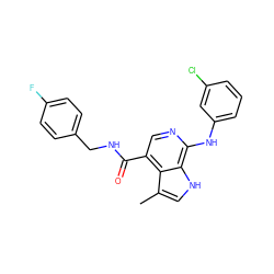 Cc1c[nH]c2c(Nc3cccc(Cl)c3)ncc(C(=O)NCc3ccc(F)cc3)c12 ZINC000045320094