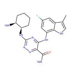 Cc1c[nH]c2c(Nc3nc(N[C@@H]4CCCC[C@@H]4N)nnc3C(N)=O)cc(F)cc12 ZINC000205940822