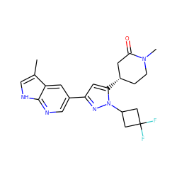 Cc1c[nH]c2ncc(-c3cc([C@H]4CCN(C)C(=O)C4)n(C4CC(F)(F)C4)n3)cc12 ZINC000146495183