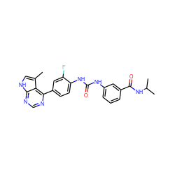 Cc1c[nH]c2ncnc(-c3ccc(NC(=O)Nc4cccc(C(=O)NC(C)C)c4)c(F)c3)c12 ZINC000142406381