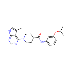 Cc1c[nH]c2ncnc(N3CCC(C(=O)Nc4cccc(OC(C)C)c4)CC3)c12 ZINC000299839587