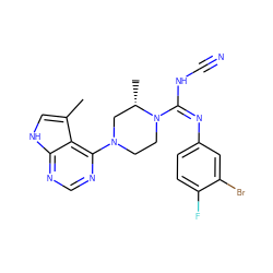 Cc1c[nH]c2ncnc(N3CCN(/C(=N\c4ccc(F)c(Br)c4)NC#N)[C@@H](C)C3)c12 ZINC000045245527