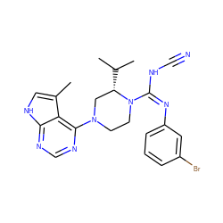 Cc1c[nH]c2ncnc(N3CCN(/C(=N\c4cccc(Br)c4)NC#N)[C@@H](C(C)C)C3)c12 ZINC000045259760