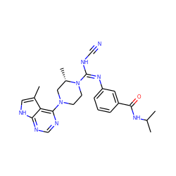 Cc1c[nH]c2ncnc(N3CCN(/C(=N\c4cccc(C(=O)NC(C)C)c4)NC#N)[C@@H](C)C3)c12 ZINC000045321898