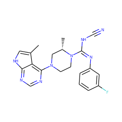 Cc1c[nH]c2ncnc(N3CCN(/C(=N\c4cccc(F)c4)NC#N)[C@@H](C)C3)c12 ZINC000045320847