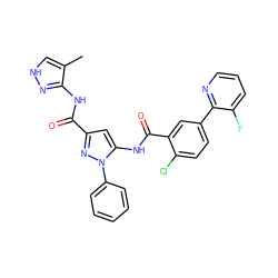 Cc1c[nH]nc1NC(=O)c1cc(NC(=O)c2cc(-c3ncccc3F)ccc2Cl)n(-c2ccccc2)n1 ZINC001772579016