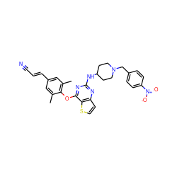 Cc1cc(/C=C/C#N)cc(C)c1Oc1nc(NC2CCN(Cc3ccc([N+](=O)[O-])cc3)CC2)nc2ccsc12 ZINC001772589051