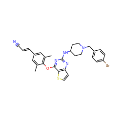 Cc1cc(/C=C/C#N)cc(C)c1Oc1nc(NC2CCN(Cc3ccc(Br)cc3)CC2)nc2ccsc12 ZINC001772656756