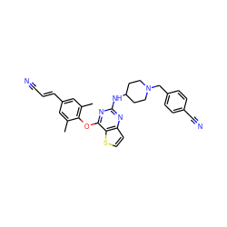 Cc1cc(/C=C/C#N)cc(C)c1Oc1nc(NC2CCN(Cc3ccc(C#N)cc3)CC2)nc2ccsc12 ZINC001772642193