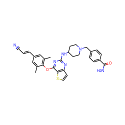 Cc1cc(/C=C/C#N)cc(C)c1Oc1nc(NC2CCN(Cc3ccc(C(N)=O)cc3)CC2)nc2ccsc12 ZINC001772590309