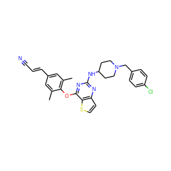 Cc1cc(/C=C/C#N)cc(C)c1Oc1nc(NC2CCN(Cc3ccc(Cl)cc3)CC2)nc2ccsc12 ZINC001772637409