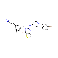 Cc1cc(/C=C/C#N)cc(C)c1Oc1nc(NC2CCN(Cc3cccc(Br)c3)CC2)nc2ccsc12 ZINC001772596807