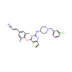 Cc1cc(/C=C/C#N)cc(C)c1Oc1nc(NC2CCN(Cc3cccc(Cl)c3)CC2)nc2ccsc12 ZINC001772618473