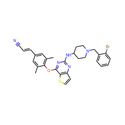 Cc1cc(/C=C/C#N)cc(C)c1Oc1nc(NC2CCN(Cc3ccccc3Br)CC2)nc2ccsc12 ZINC001772611941