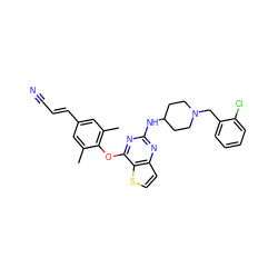 Cc1cc(/C=C/C#N)cc(C)c1Oc1nc(NC2CCN(Cc3ccccc3Cl)CC2)nc2ccsc12 ZINC001772570570