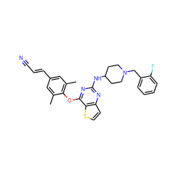 Cc1cc(/C=C/C#N)cc(C)c1Oc1nc(NC2CCN(Cc3ccccc3F)CC2)nc2ccsc12 ZINC001772609658