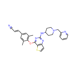 Cc1cc(/C=C/C#N)cc(C)c1Oc1nc(NC2CCN(Cc3ccccn3)CC2)nc2ccsc12 ZINC001772583450