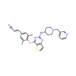 Cc1cc(/C=C/C#N)cc(C)c1Oc1nc(NC2CCN(Cc3cccnc3)CC2)nc2ccsc12 ZINC001772642969