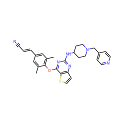 Cc1cc(/C=C/C#N)cc(C)c1Oc1nc(NC2CCN(Cc3ccncc3)CC2)nc2ccsc12 ZINC001772580340