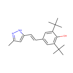 Cc1cc(/C=C/c2cc(C(C)(C)C)c(O)c(C(C)(C)C)c2)[nH]n1 ZINC000003784137