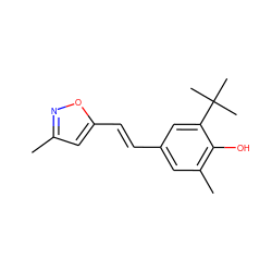 Cc1cc(/C=C/c2cc(C)c(O)c(C(C)(C)C)c2)on1 ZINC000013820000