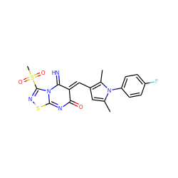 Cc1cc(/C=C2/C(=N)N3C(=NC2=O)SN=C3S(C)(=O)=O)c(C)n1-c1ccc(F)cc1 ZINC000013574265