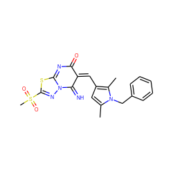 Cc1cc(/C=C2\C(=N)N3N=C(S(C)(=O)=O)SC3=NC2=O)c(C)n1Cc1ccccc1 ZINC000013574306