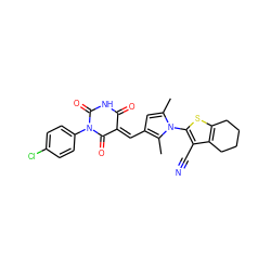 Cc1cc(/C=C2\C(=O)NC(=O)N(c3ccc(Cl)cc3)C2=O)c(C)n1-c1sc2c(c1C#N)CCCC2 ZINC000002298692