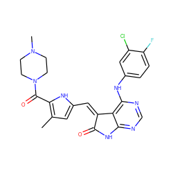 Cc1cc(/C=C2\C(=O)Nc3ncnc(Nc4ccc(F)c(Cl)c4)c32)[nH]c1C(=O)N1CCN(C)CC1 ZINC000013445440