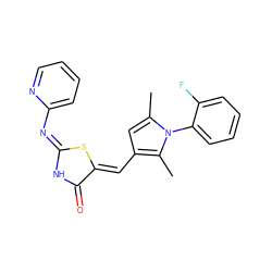 Cc1cc(/C=C2\S/C(=N\c3ccccn3)NC2=O)c(C)n1-c1ccccc1F ZINC000073140353