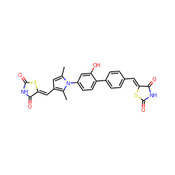 Cc1cc(/C=C2\SC(=O)NC2=O)c(C)n1-c1ccc(-c2ccc(/C=C3\SC(=O)NC3=O)cc2)c(O)c1 ZINC001772585969