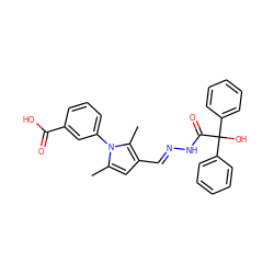 Cc1cc(/C=N/NC(=O)C(O)(c2ccccc2)c2ccccc2)c(C)n1-c1cccc(C(=O)O)c1 ZINC000002301313