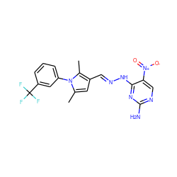 Cc1cc(/C=N/Nc2nc(N)ncc2[N+](=O)[O-])c(C)n1-c1cccc(C(F)(F)F)c1 ZINC000009090268